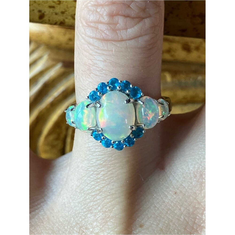 Natural Ethiopian Opal Blue Apatite Sterling Silver Ring Size 7